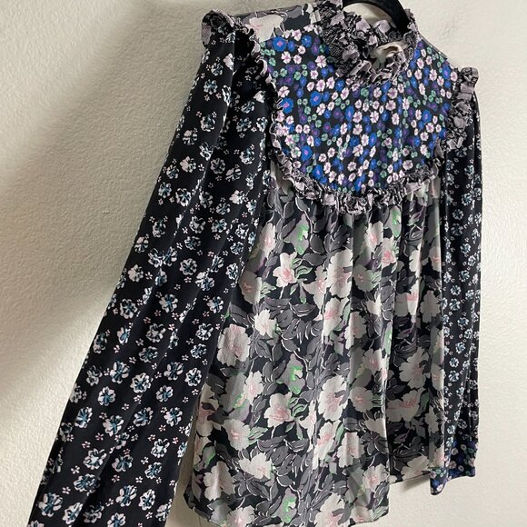 Rebecca Taylor Womens 4 Mix Floral 100% Silk Blouse Long Sleeve Ruffle High Neck - Picture 9 of 11